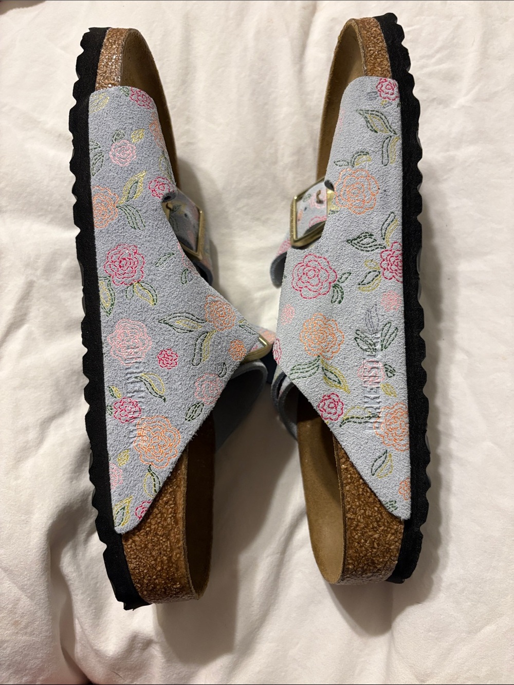 Birkenstock Floral Double-Buckle Sandals - Light Blue with Pink & Peach Flowers - Picture 4 of 5